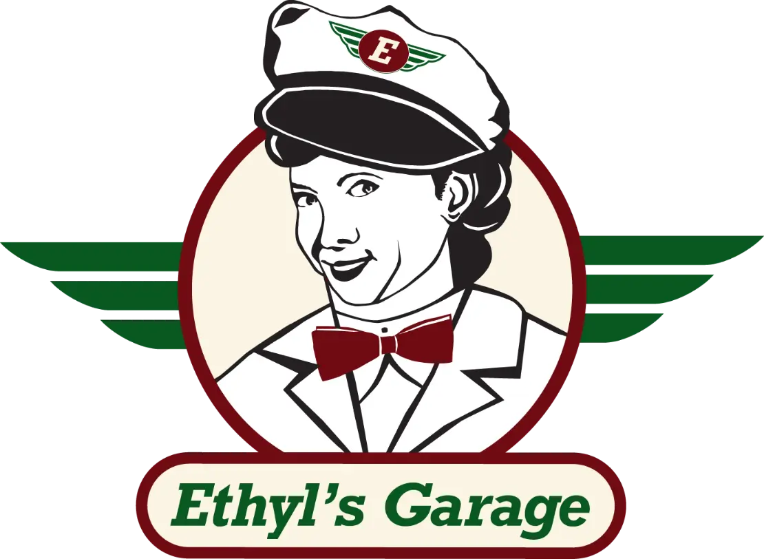 Ethyl's Garage Logo with image of Ethyl, a female service station attendant in her uniform with a cap and bow tie