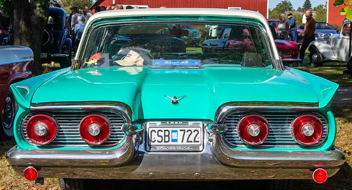 Photo of 1959 Ford Thunderbird, aqua body, white top, rear, with Thunderbird logo; Photo credit: Bene Riobó, CC BY-SA 4.0 , via Wikimedia Commons,  cropped