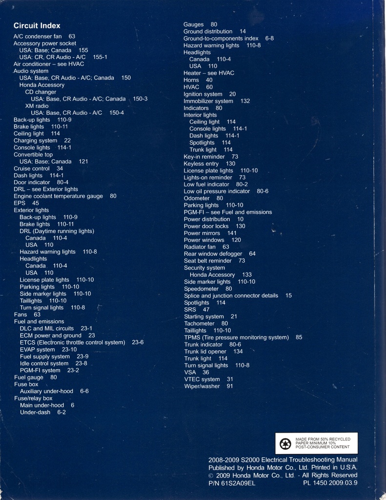 2008-2009 Honda S2000 Electrical Troubleshooting Manual ETM