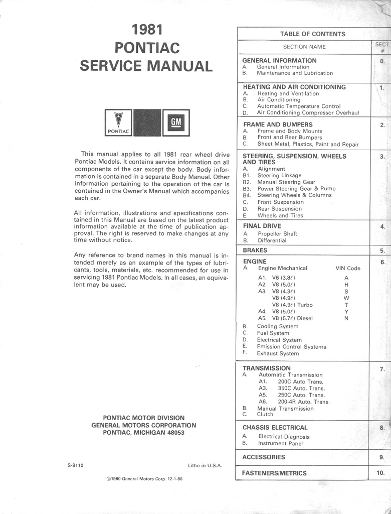 1981 Pontiac Firebird Grand Prix LeMans Factory OEM Shop Service Repair Manual