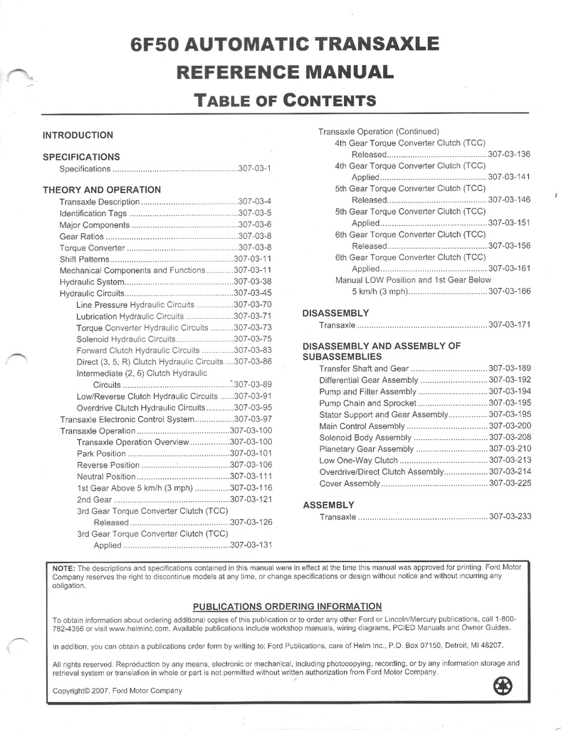 2007-2017 Ford 6F50 Automatic Transaxle Reference Manual