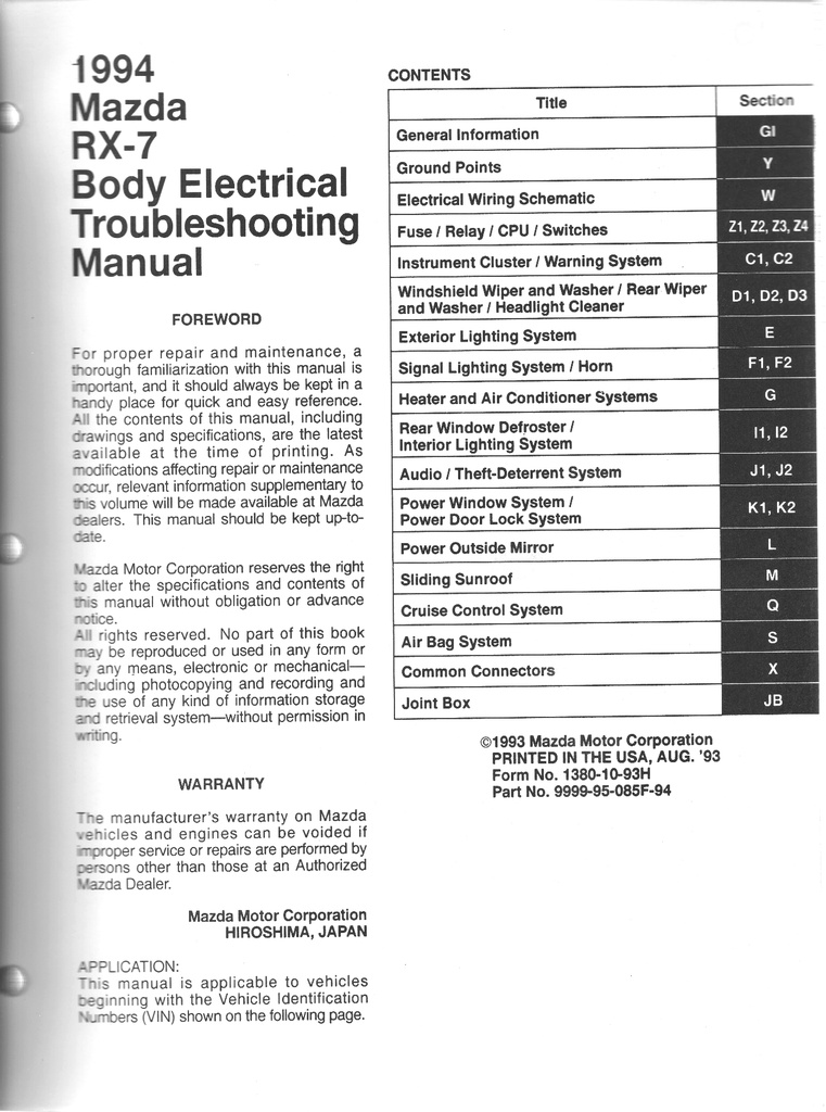 1994 Mazda RX-7 Body Electrical Troubleshooting Shop Service Repair Manual
