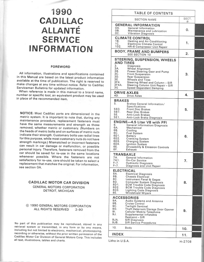 1990 Cadillac Allante Shop Service Repair Manual