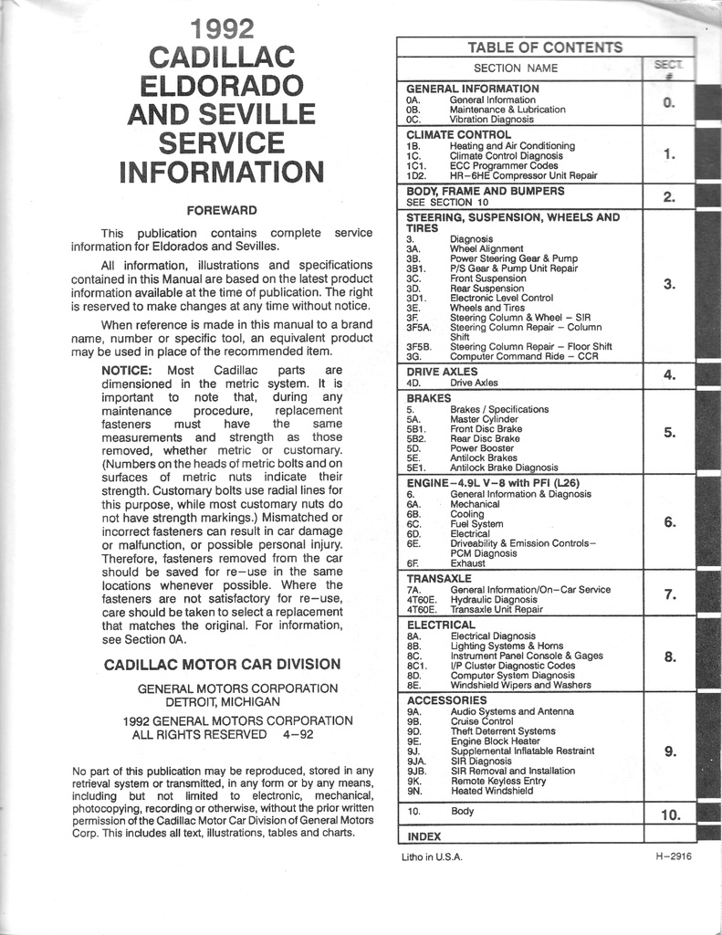 1992 Cadillac Eldorado/Seville Shop Service Repair Manual