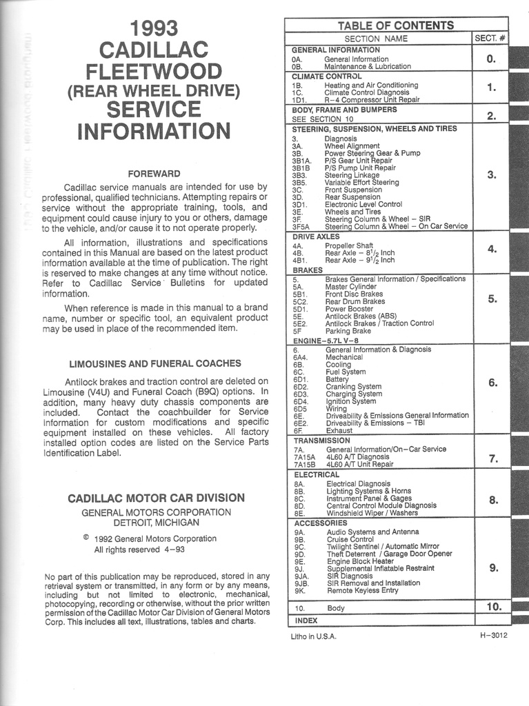 1993 Cadillac Fleetwood OEM Shop Service Repair Manual