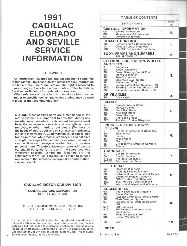 1991 Cadillac Eldorado/Seville Shop Service Repair Manual