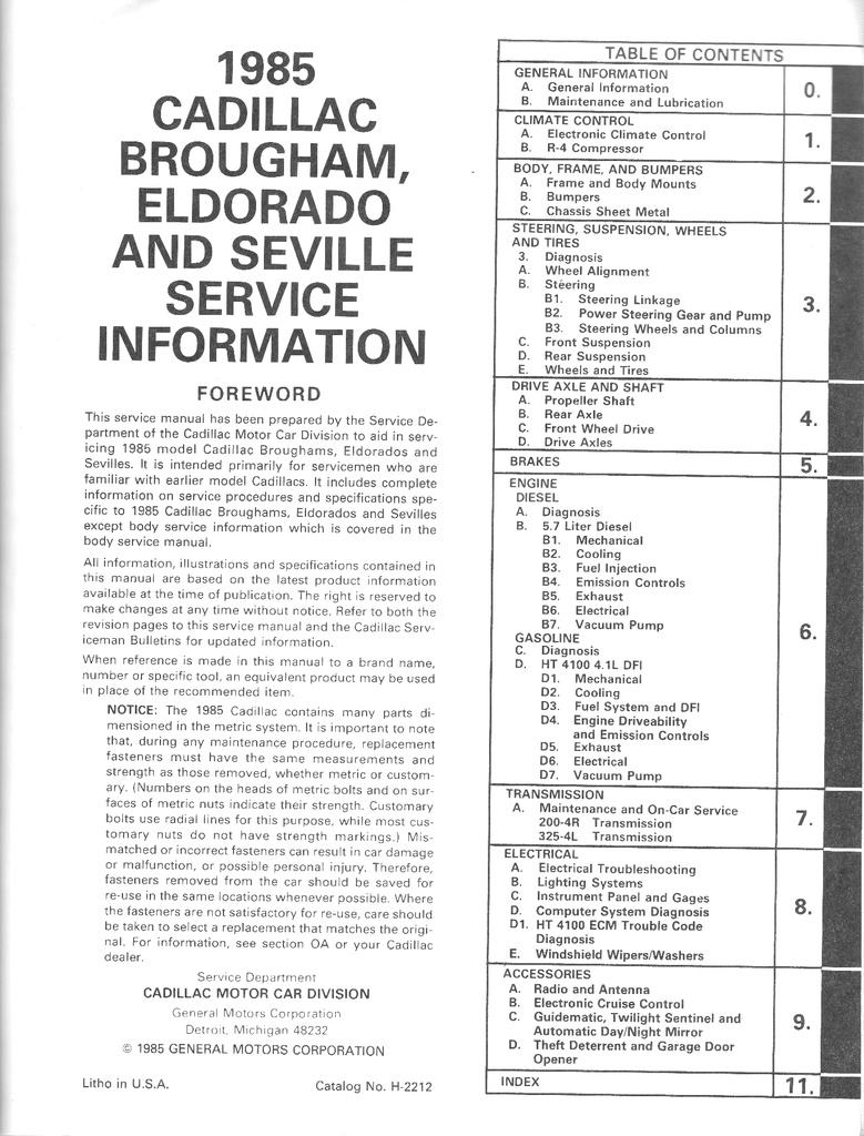 1985 Cadillac Brougham/Eldorado/Seville Shop Service Repair Manual