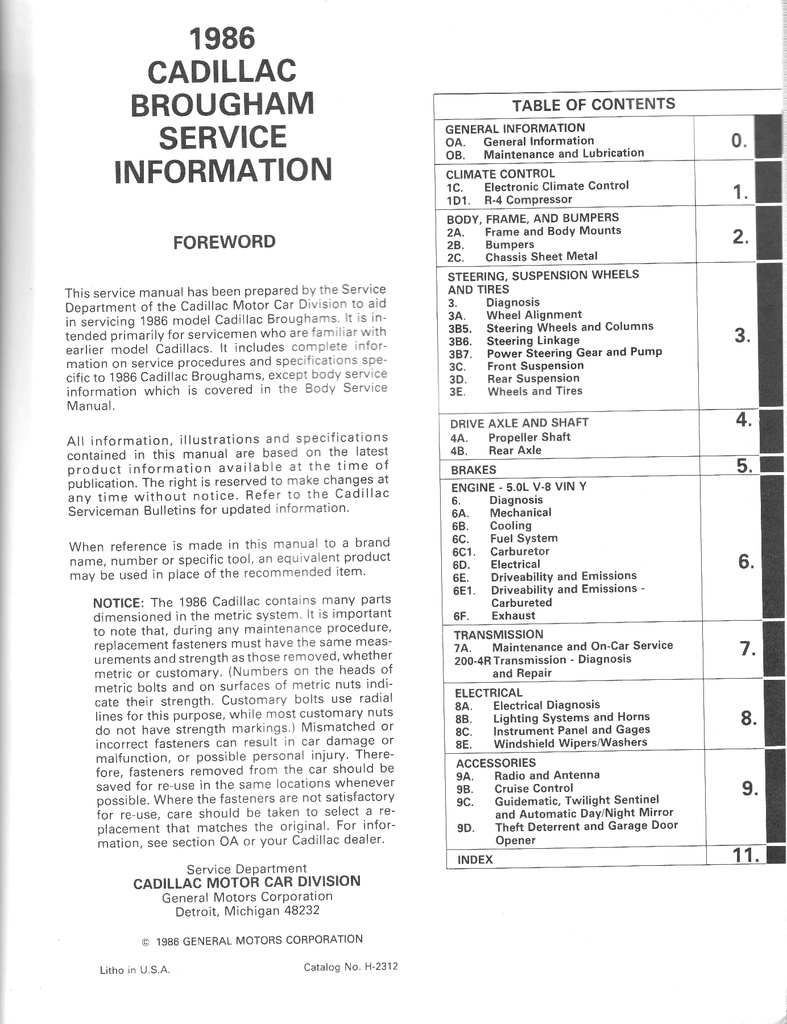 1986 Cadillac Fleetwood Brougham Shop Service Repair Manual