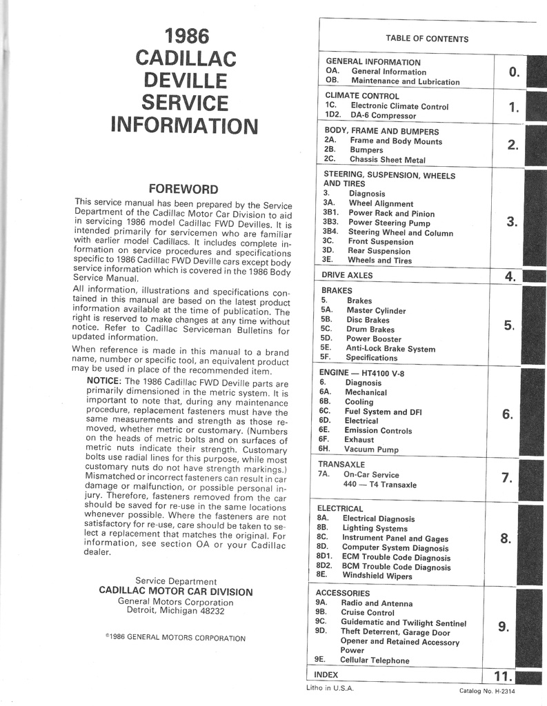 1986 Cadillac DeVille and Fleetwood Shop Service Repair Manual