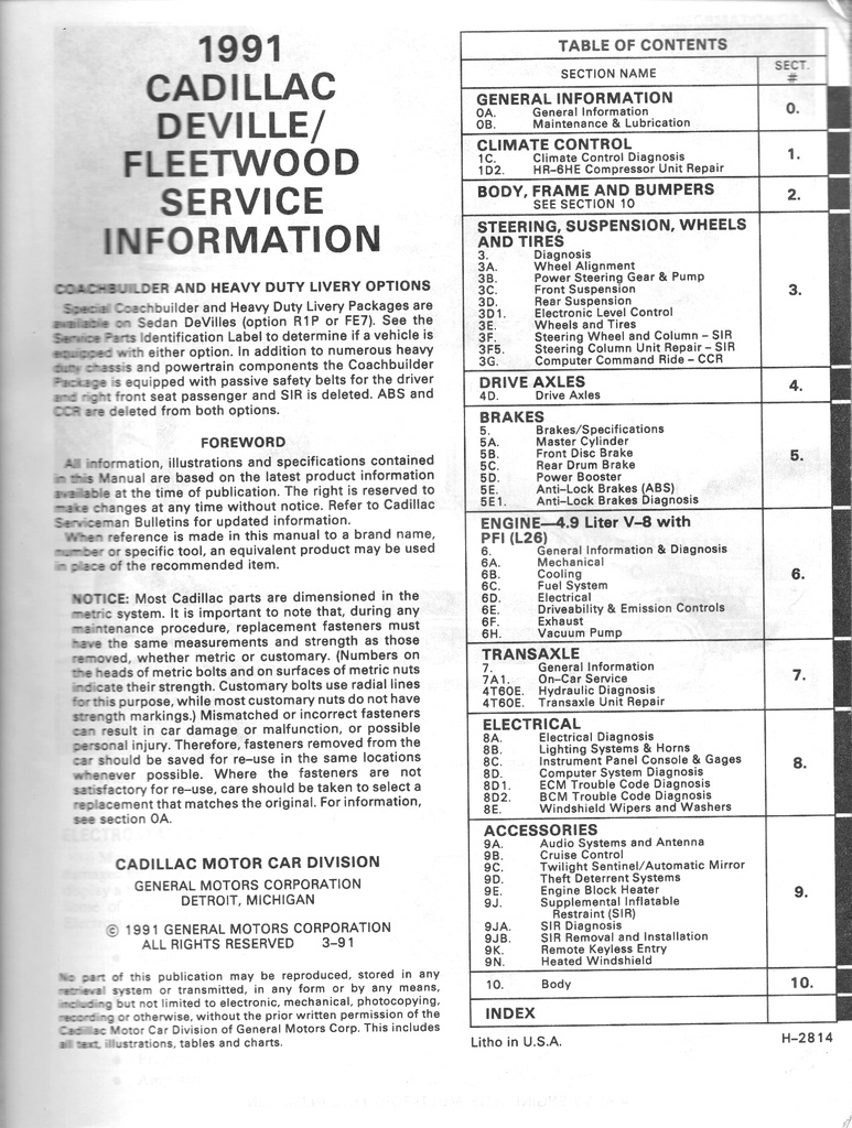1991 Cadillac DeVille and Fleetwood Shop Service Repair Manual