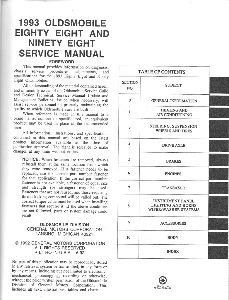 1993 Oldsmobile 88/98 H/C OEM Shop Service Repair Manual