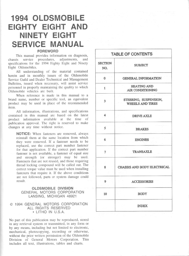 1994 Oldsmobile 88/98 H/C OEM Shop Service Repair Manual