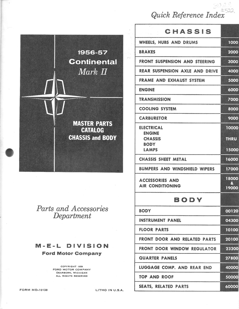 1956-1957 Lincoln Continental Mark II Master Parts Catalog Chassis and Body