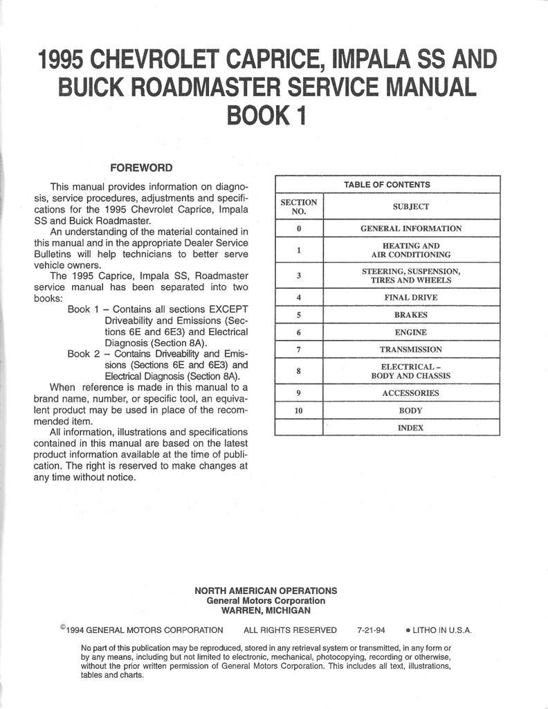 1995 Chevrolet Caprice Impala SS Buick Roadmaster Factory OEM Shop Service Repair Manual