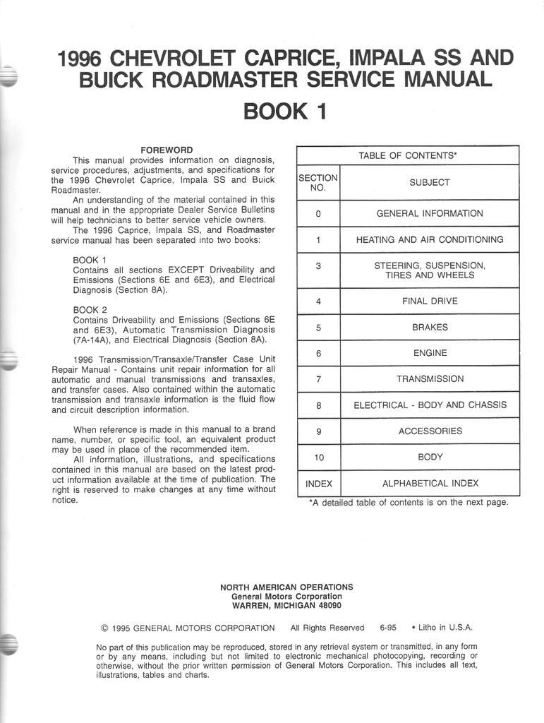 1996 Chevrolet Caprice Impala SS Buick Roadmaster Factory OEM Shop Service Repair Manual 2 Vol Set