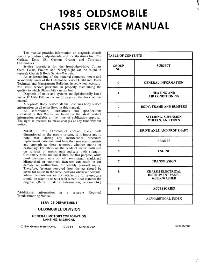 1985 Oldsmobile Chassis Shop, Repair, Service Manual—Cutlass Supreme, Cruiser, Delta 88, Toronado