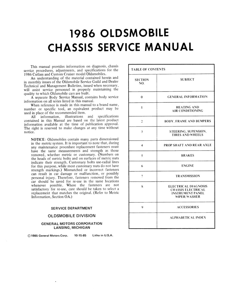 1986 Oldsmobile Chassis Shop, Repair, Service Manual—Cutlass Supreme, Cutlass Salon, Custom Cruiser