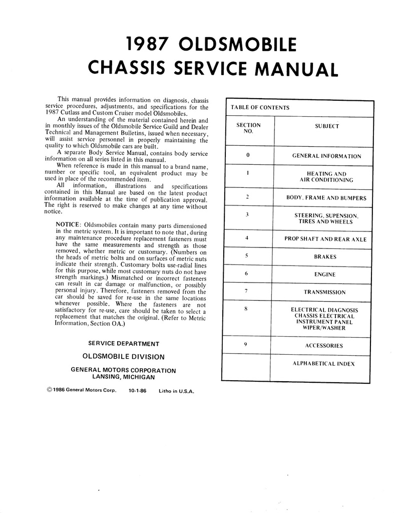 1987 Oldsmobile Chassis Shop, Repair, Service Manual—Cutlass Supreme, Cutlass Salon, Custom Cruiser (copy)
