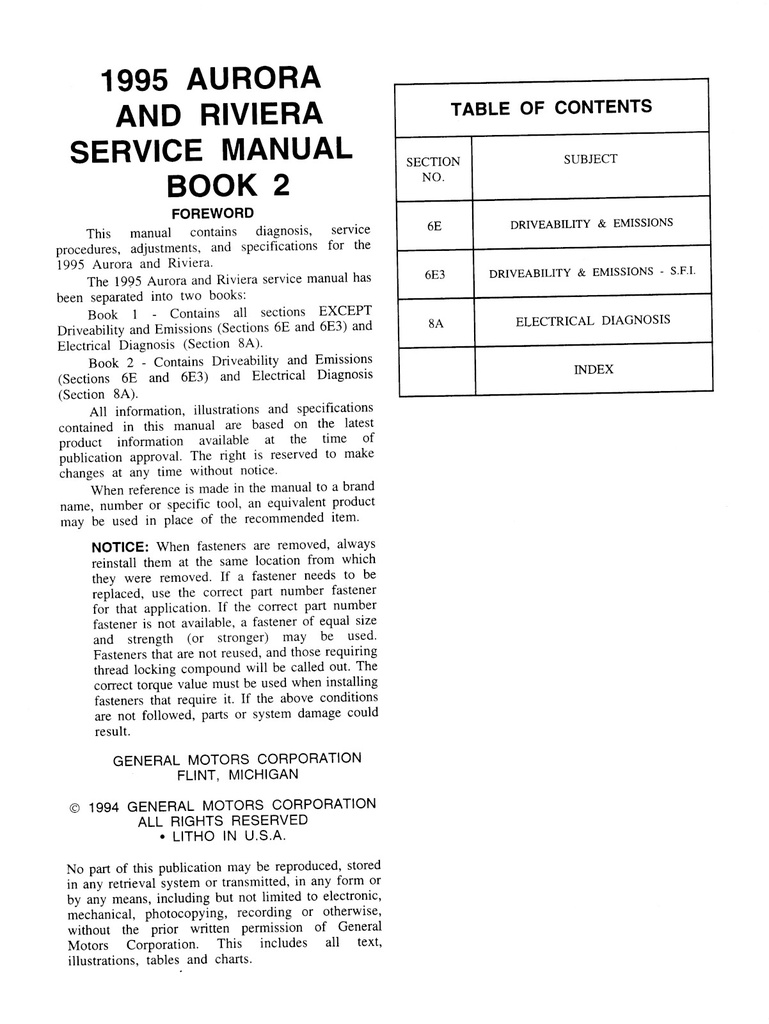 1995 Oldsmobile Aurora Buick Riviera G Platform OEM Shop Service Repair Manual 2 Vol Set