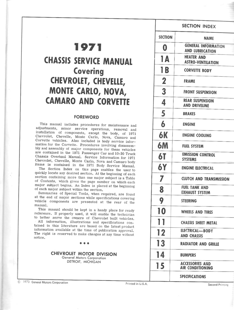 1971 Chevrolet Passenger Car Chassis Repair Maintenance Shop Service Manual