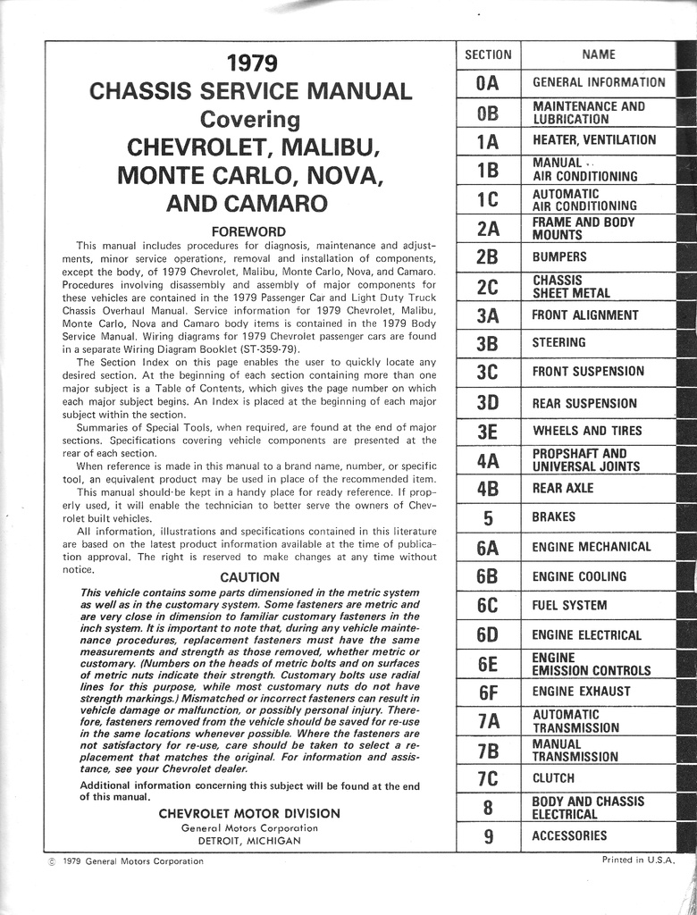 1979 Chevrolet Passenger Car Chassis Repair Maintenance Shop Service Manual