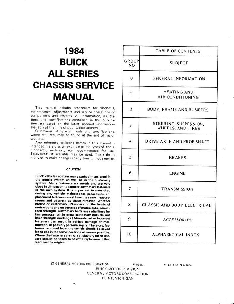 1984 Buick OEM Shop Service Chassis Repair Manual—Regal T-Type Grand National