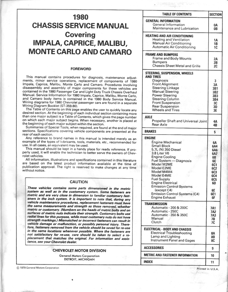 1980 Chevrolet Passenger Car Chassis Repair Maintenance Shop Service Manual
