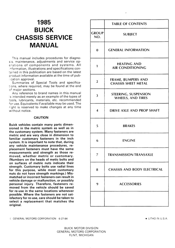1985 Buick OEM Shop Service Chassis Repair Manual—Regal Grand National T Type, Riviera T Type, Century Estate Wagon, Electra Estate Wagon, Plus All Models