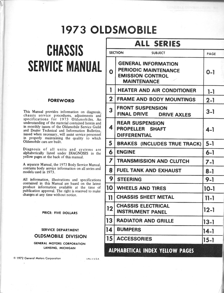 1973 Oldsmobile Full Line Factory OEM Chassis Shop Service Repair Manual