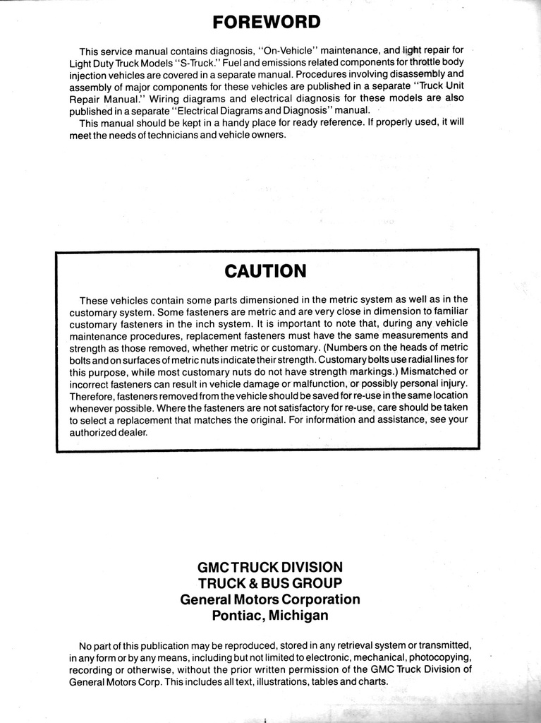 1991 GMC Truck Light Truck S/T Models Service Manual