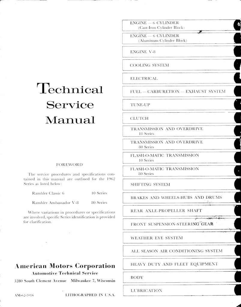 1962 AMC Rambler Classic 6, Ambassador V-8 Shop Repair Maintenance Technical Service Manual