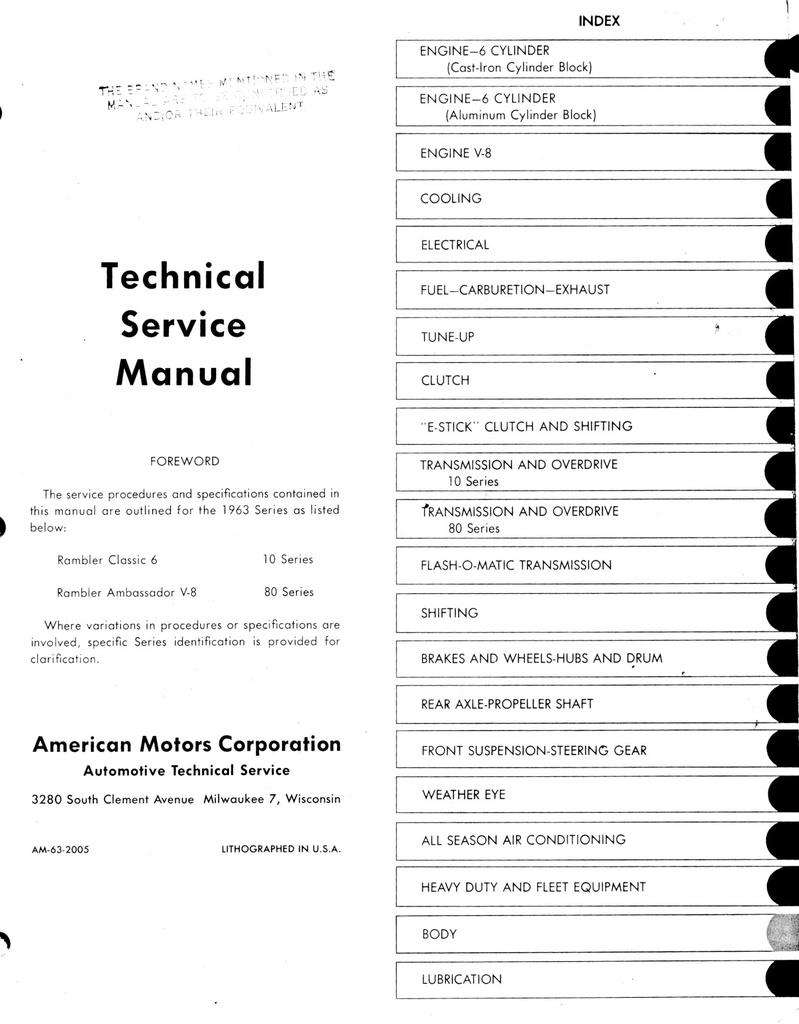 1962 AMC Rambler Classic 6, Ambassador V-8 Shop Repair Maintenance Technical Service Manual (copy)