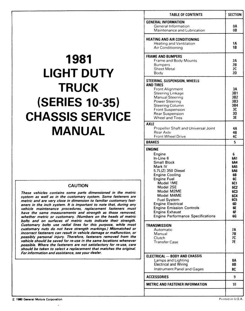 1981 Chevrolet Light Duty C/K Truck Series 10–35 Shop Maintenance Repair Service Manual (Pickup, Suburban, Blazer, G Van, P Van, Motorhome)