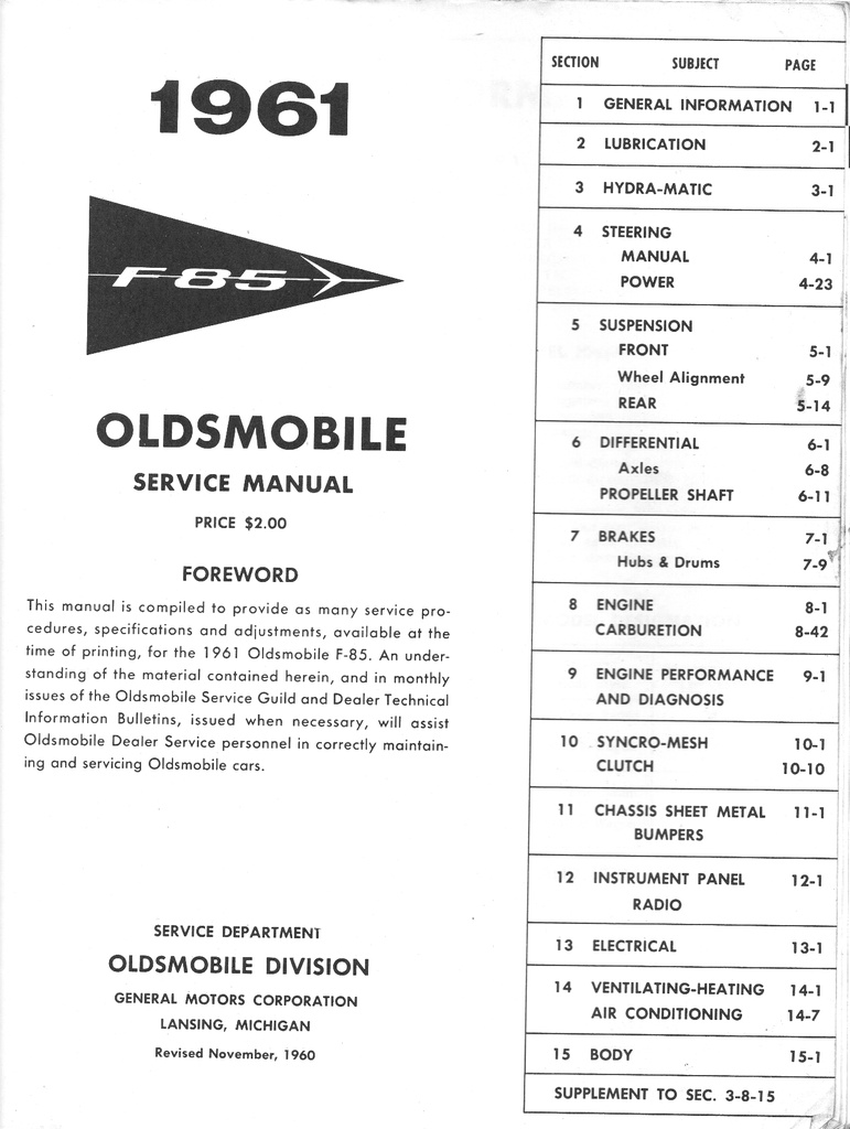 1961 Oldsmobile F-85 Factory OEM Shop Service Repair Manual