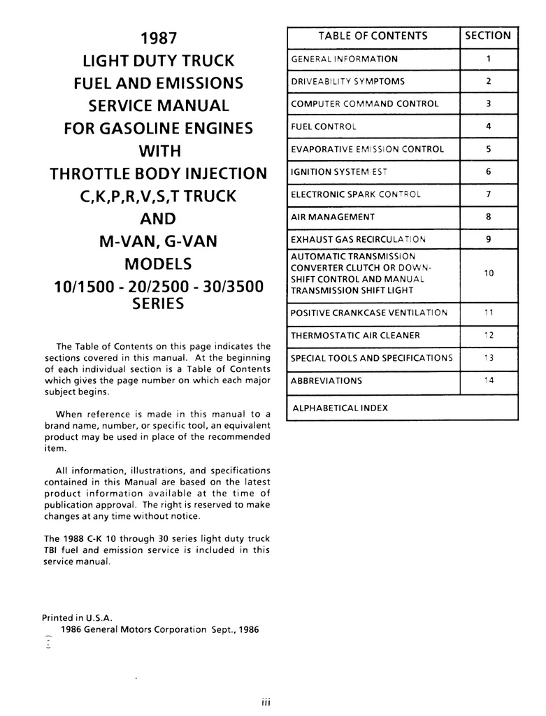 1987 Chevrolet Light Duty Truck Series 10-30 Fuel-Injected Gas Engine Driveability & Emissions Service Manual (C/K Pickup, Suburban, Blazer, G Van, P Van)