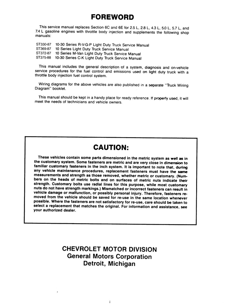 1987 Chevrolet Light Duty Truck Series 10-30 Fuel-Injected Gas Engine Driveability & Emissions Service Manual (C/K Pickup, Suburban, Blazer, G Van, P Van)