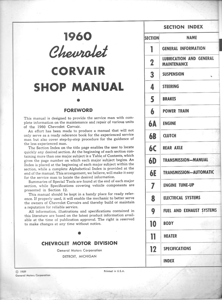 1960 Chevrolet Corvair Factory OEM Shop Service Repair Manual