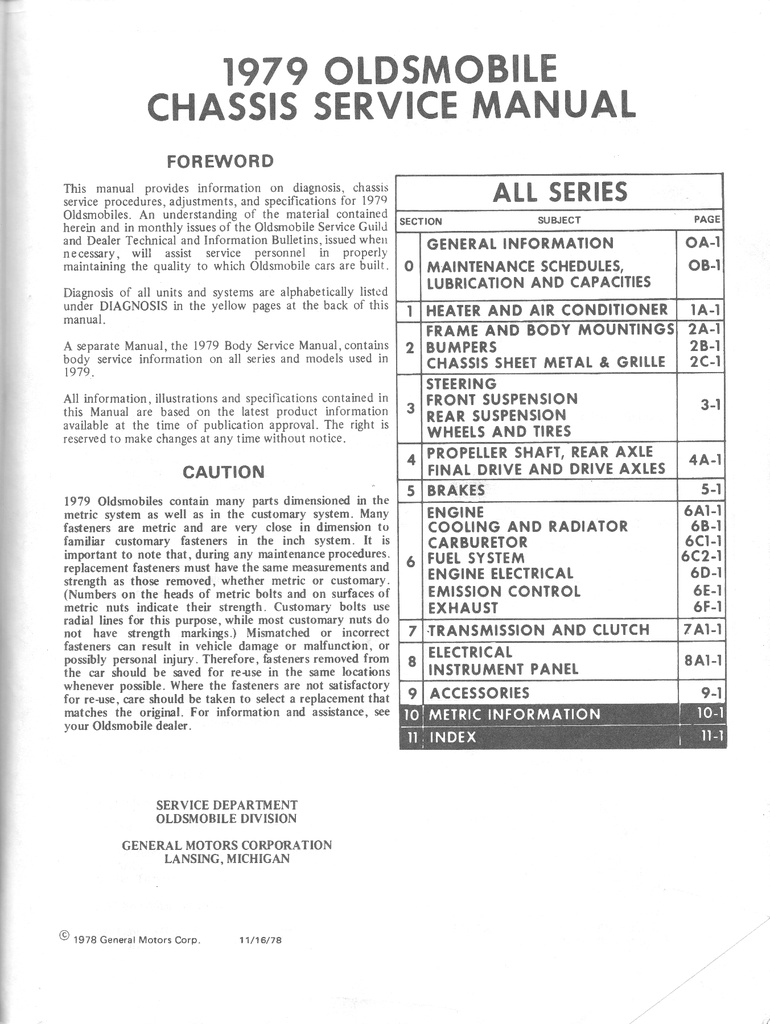 1979 Oldsmobile Chassis Service Manual—All Series: Cutlass, Toronado, 442, Custom Cruiser+