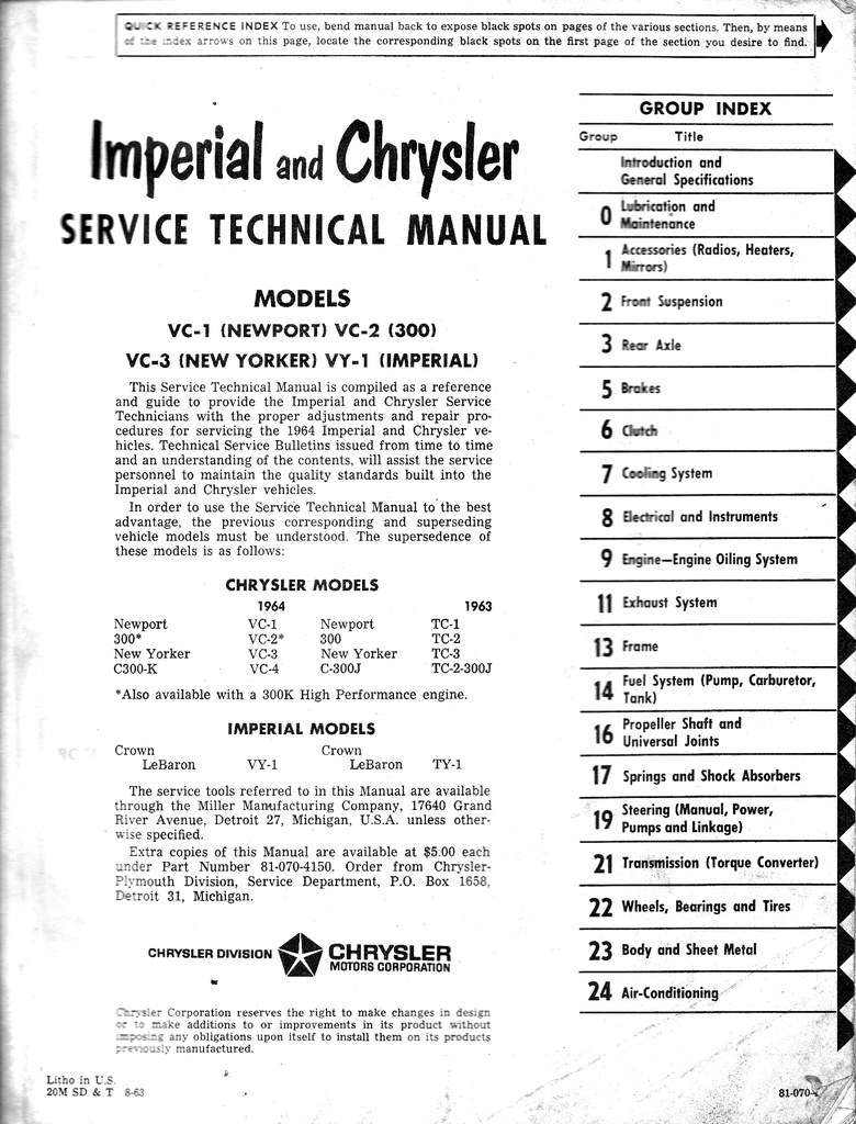 1964 Imperial and Chrysler Shop Repair Maintenance Technical Service Manual