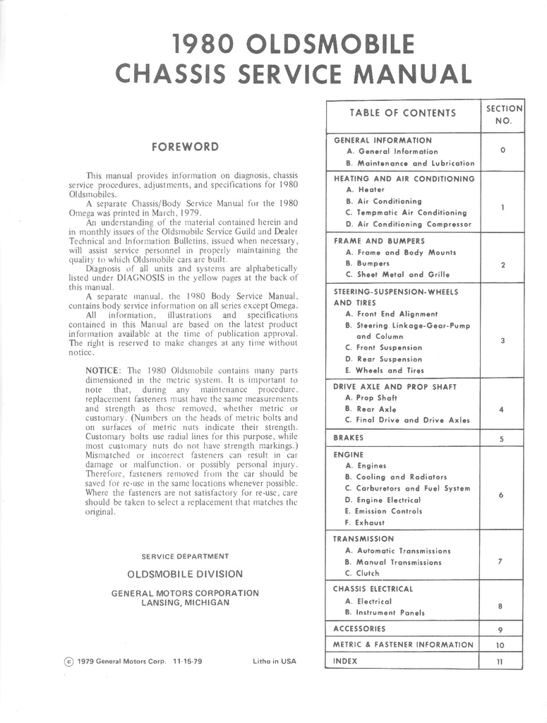 1980 Oldsmobile Chassis Service Manual—All Series: Cutlass, Toronado, 442, Custom Cruiser+