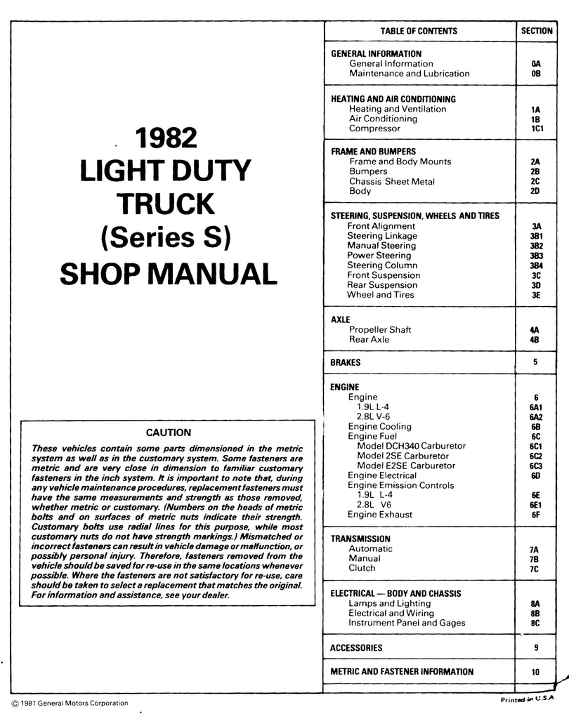 1982 Chevrolet Truck Light Duty Truck S Series Models Shop Repair Service Manual