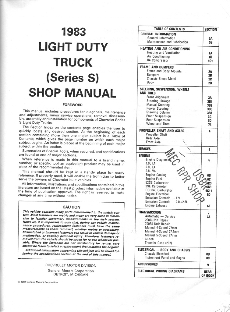 1983 Chevrolet Truck Light Duty Truck S Series Models Shop Repair Service Manual