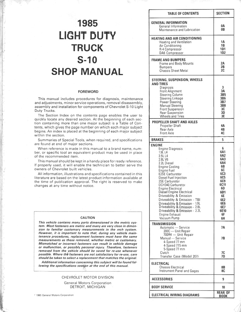 1985 Chevrolet Light Duty Truck S Series Models Pickup Blazer Shop Repair Service Manual