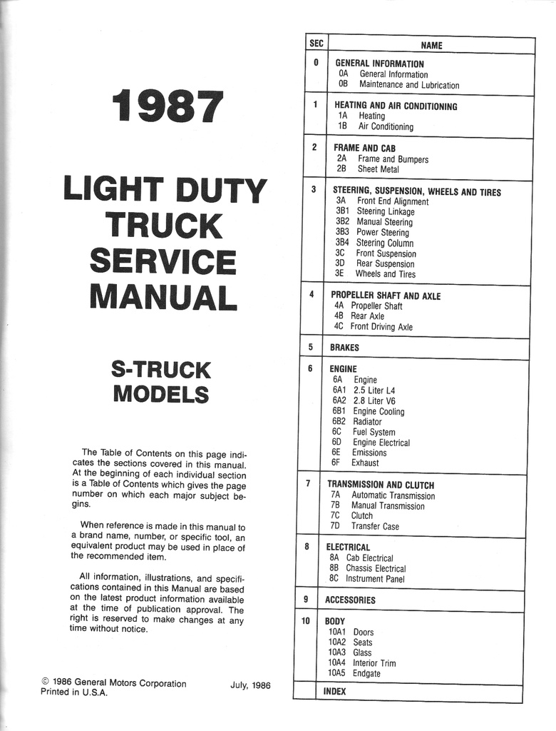 1987 Chevrolet Light Duty Truck S Series Models Pickup Blazer Shop Repair Service Manual