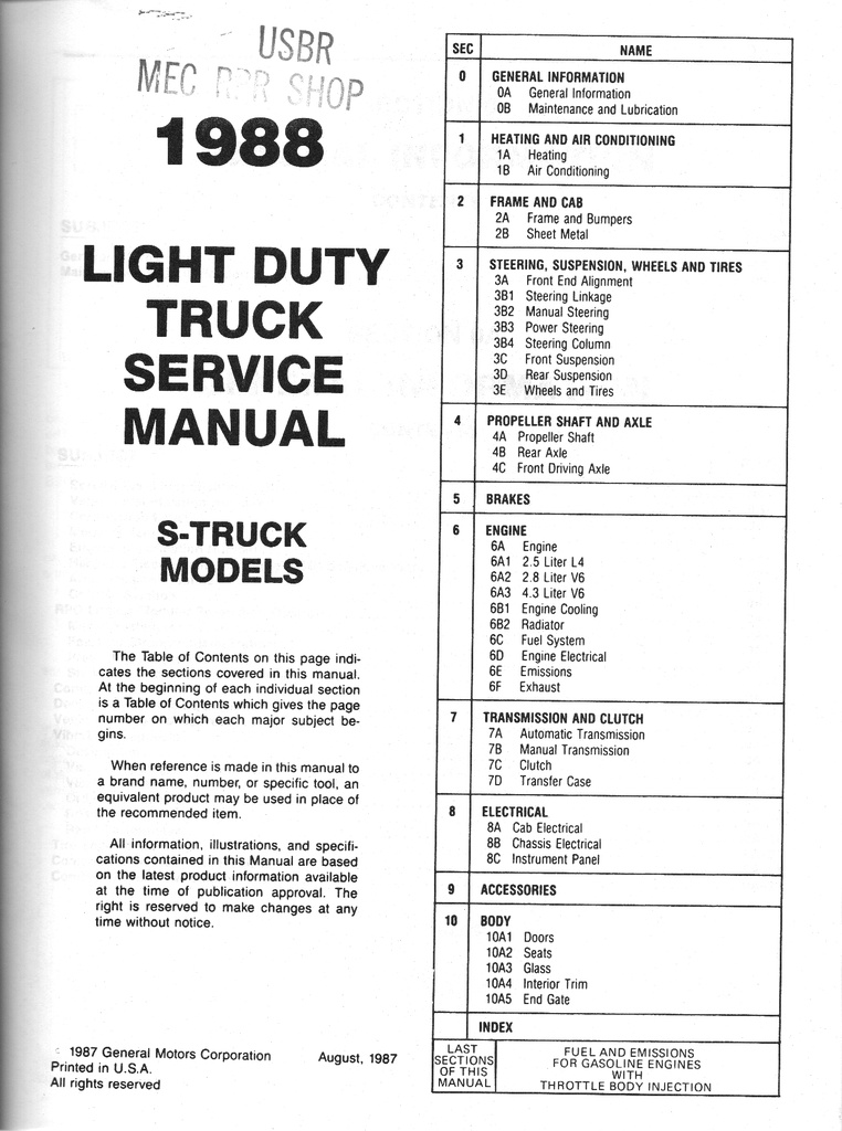 1988 Chevrolet Light Duty Truck S-10 S Series Models Pickup Blazer Shop Repair Service Manual