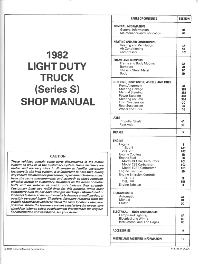1982 GMC Truck Light Duty Truck S-15 S Series Models Shop Repair Service Manual