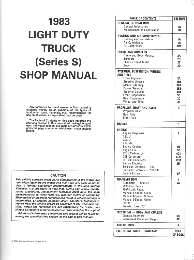 1983 GMC Truck Light Duty S-15 Pickup Jimmy S Series Models Shop Repair Service Manual
