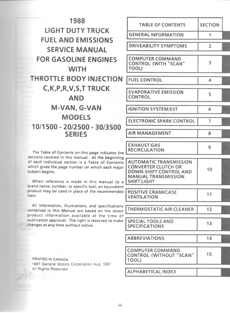 1988 GMC Light Truck Fuel and Emissions Service Tune-Up Manual (Gas Engines)