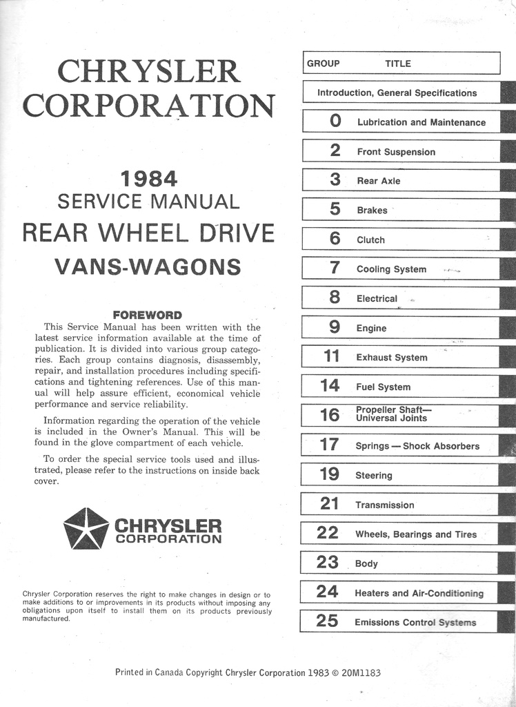 1984 Dodge Ram Full-Size RWD  B150 B250 B350 Van/Wagon Shop Maintenance Repair Service Manual
