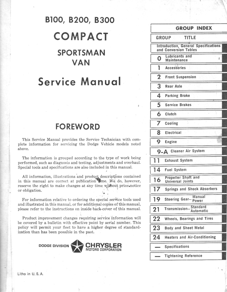 1970 Dodge/Plymouth B-100, B-200, B-300 Sportsman Van Shop Maintenance Repair Service Manual